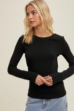 Round Neck Rib Knit Long Sleev Tee