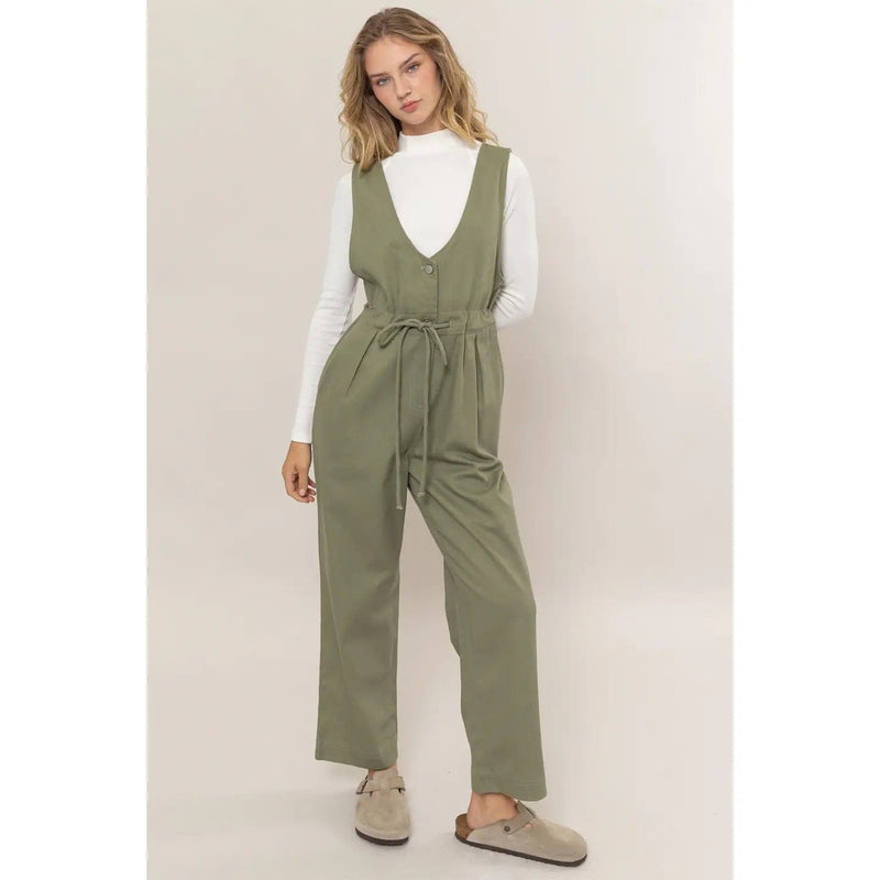 Olive Twill Sleeveless Jumpsuit