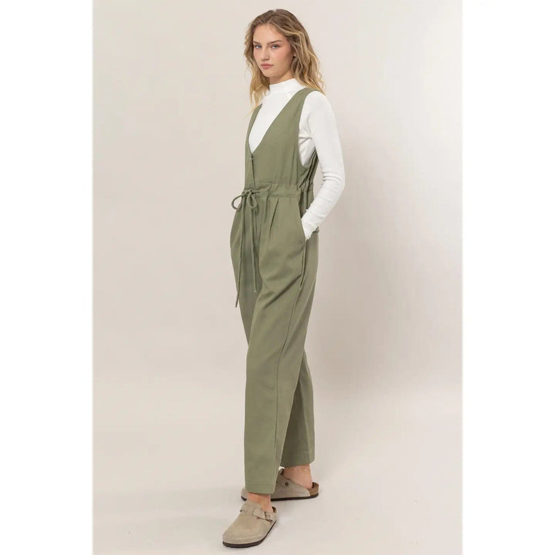 Olive Twill Sleeveless Jumpsuit