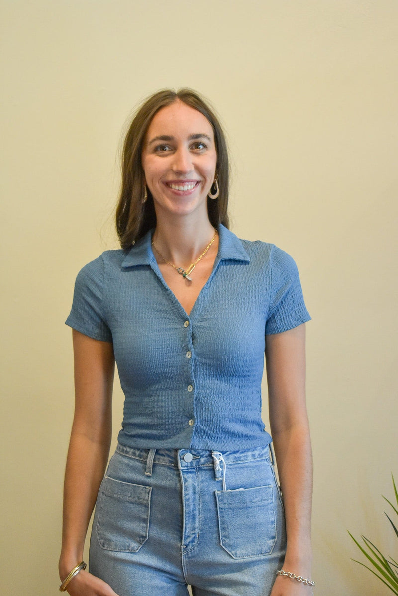 Crinkle Button Front Top