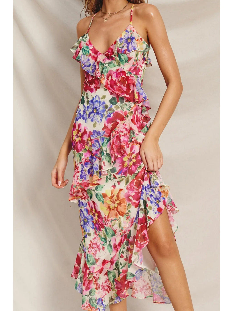 Heavenly Hues Diagonal Ruffled Midi Dress