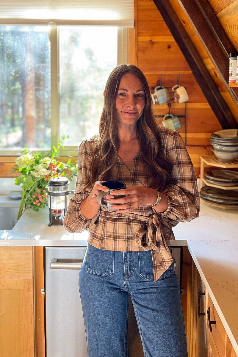 August Plaid Tie Front Top