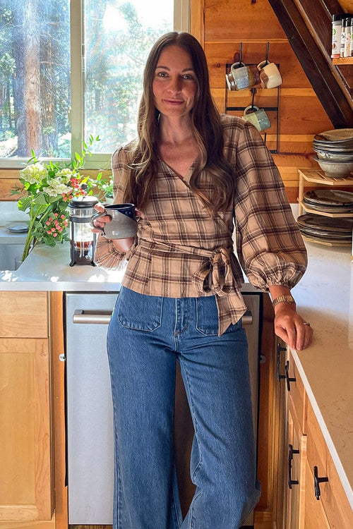 August Plaid Tie Front Top