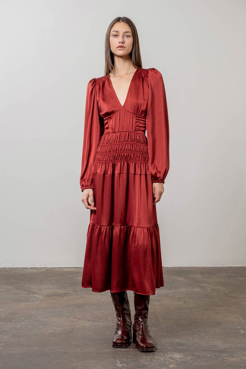 Merlot Satin Smocked Midi Dress