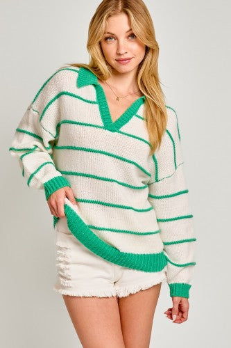 Greener Pastures Striped Polo Sweater